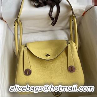 Pretty Style Hermes Lindy 26/30 Bag in Original Taurillon Clemence Leather Glacier H1501 Chick Yellow/Silver 2024 (Full 