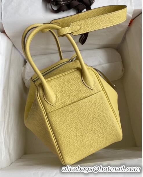 Pretty Style Hermes Lindy 26/30 Bag in Original Taurillon Clemence Leather Glacier H1501 Chick Yellow/Silver 2024 (Full 