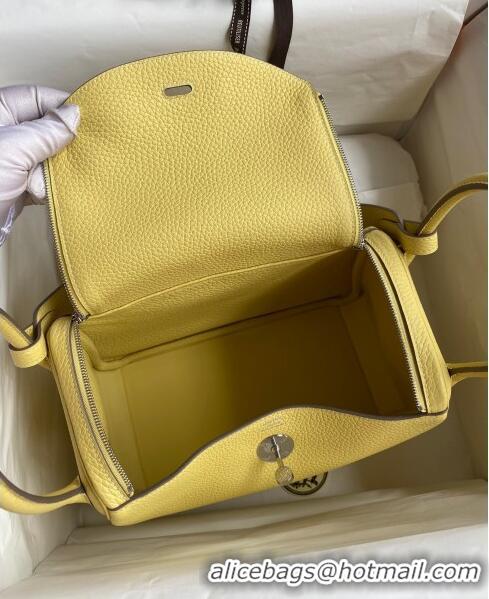 Pretty Style Hermes Lindy 26/30 Bag in Original Taurillon Clemence Leather Glacier H1501 Chick Yellow/Silver 2024 (Full 