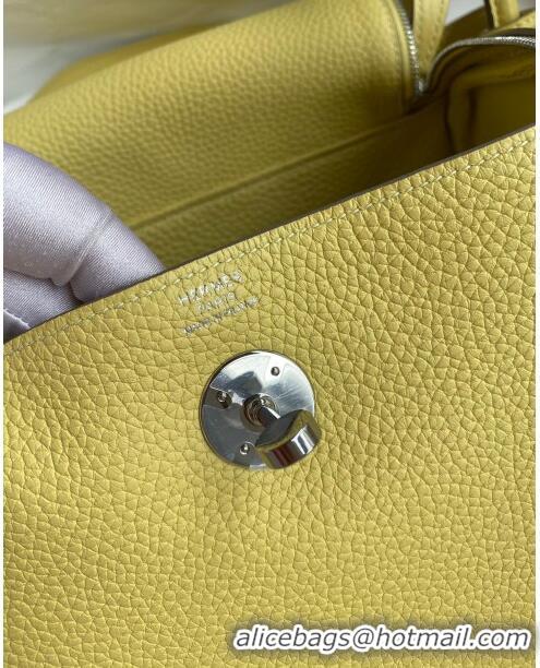 Pretty Style Hermes Lindy 26/30 Bag in Original Taurillon Clemence Leather Glacier H1501 Chick Yellow/Silver 2024 (Full 