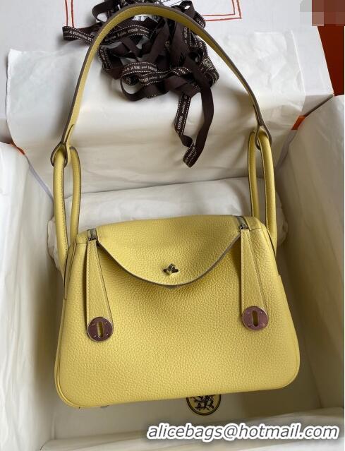 Pretty Style Hermes Lindy 26/30 Bag in Original Taurillon Clemence Leather Glacier H1501 Chick Yellow/Silver 2024 (Full 