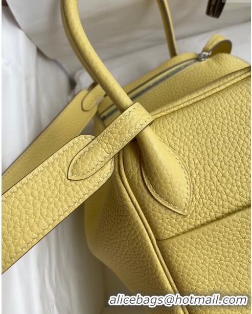 Pretty Style Hermes Lindy 26/30 Bag in Original Taurillon Clemence Leather Glacier H1501 Chick Yellow/Silver 2024 (Full 