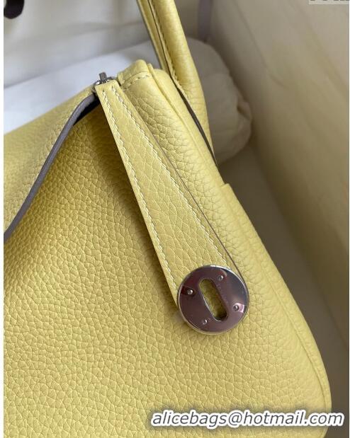 Pretty Style Hermes Lindy 26/30 Bag in Original Taurillon Clemence Leather Glacier H1501 Chick Yellow/Silver 2024 (Full 