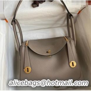 Top Quality Hermes Lindy 26/30 Bag in Original Taurillon Clemence Leather Glacier H1501 Pitch Grey/Gold 2024 (Full Handm