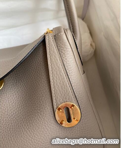 Top Quality Hermes Lindy 26/30 Bag in Original Taurillon Clemence Leather Glacier H1501 Pitch Grey/Gold 2024 (Full Handm