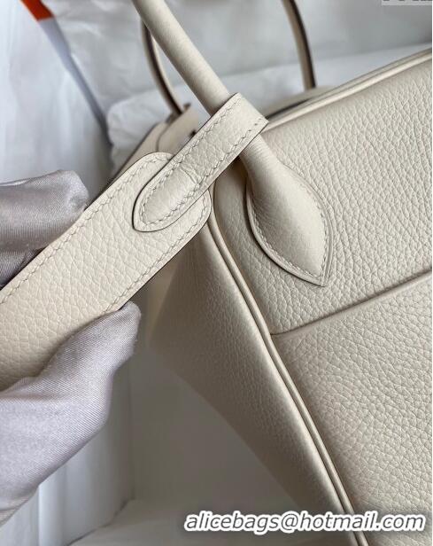 Good Looking Hermes Lindy 26/30 Bag in Original Taurillon Clemence Leather Glacier H1501 Cream White/Silver 2024 (Full H