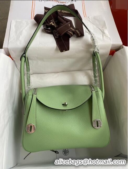 Shop Grade Hermes Lindy 26/30 Bag in Original Taurillon Clemence Leather H1501 Avocado Green/Silver 2024 (Full Handmade)