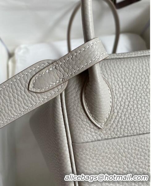 Super Quality Hermes Lindy 26/30 Bag in Original Taurillon Clemence Leather H1501 Pearl Grey/Silver 2024 (Full Handmade)