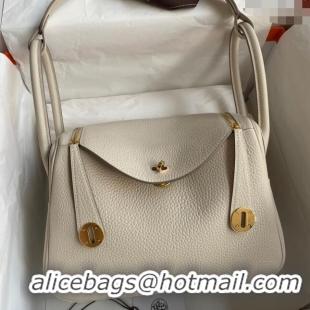 Classic Grade Hermes Lindy 26/30 Bag in Original Taurillon Clemence Leather H1501 Pearl Grey/Gold 2024 (Full Handmade)