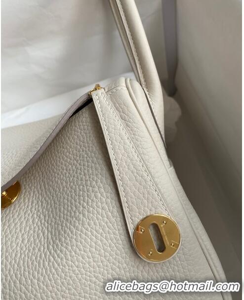 Classic Grade Hermes Lindy 26/30 Bag in Original Taurillon Clemence Leather H1501 Pearl Grey/Gold 2024 (Full Handmade)