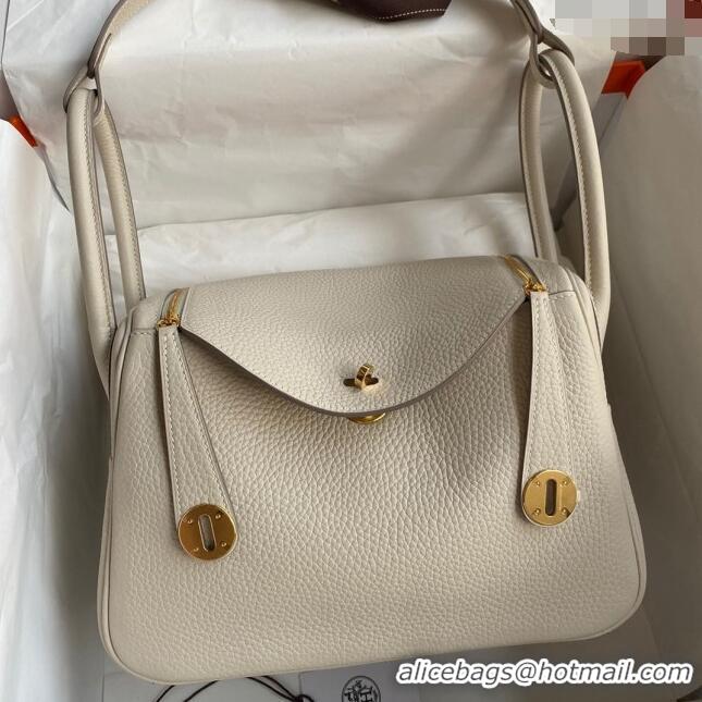 Classic Grade Hermes Lindy 26/30 Bag in Original Taurillon Clemence Leather H1501 Pearl Grey/Gold 2024 (Full Handmade)