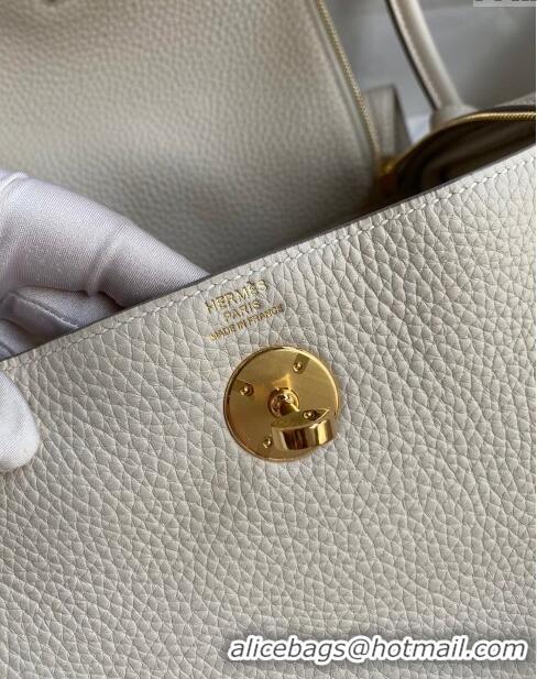 Classic Grade Hermes Lindy 26/30 Bag in Original Taurillon Clemence Leather H1501 Pearl Grey/Gold 2024 (Full Handmade)