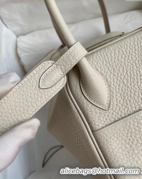 Classic Grade Hermes Lindy 26/30 Bag in Original Taurillon Clemence Leather H1501 Pearl Grey/Gold 2024 (Full Handmade)