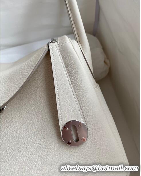 Luxurious Hermes Lindy 26/30 Bag in Original Taurillon Clemence Leather H1501 Milk Shake White/Silver 2024 (Full Handmad