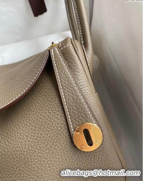 Buy Fashionable Hermes Lindy 26/30 Bag in Original Taurillon Clemence Leather H1501 Etoupe/Gold 2024 (Full Handmade)