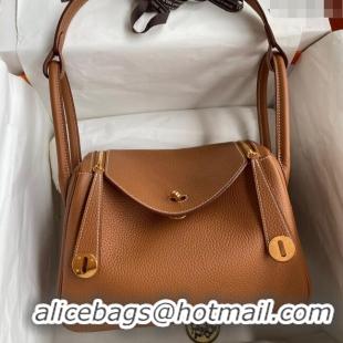 Grade Quality Hermes Lindy 26/30 Bag in Original Taurillon Clemence Leather H1501 Brown/Gold 2024 (Full Handmade)