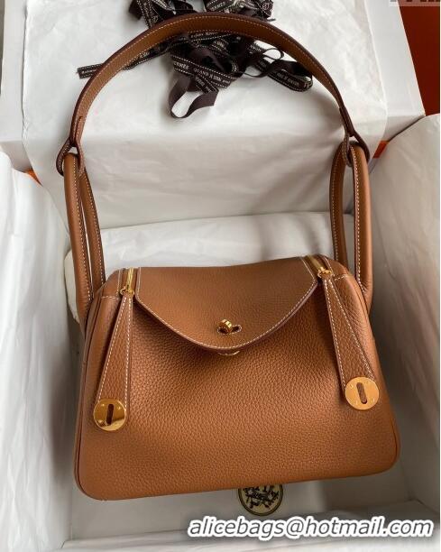 Grade Quality Hermes Lindy 26/30 Bag in Original Taurillon Clemence Leather H1501 Brown/Gold 2024 (Full Handmade)