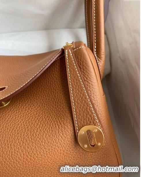 Grade Quality Hermes Lindy 26/30 Bag in Original Taurillon Clemence Leather H1501 Brown/Gold 2024 (Full Handmade)