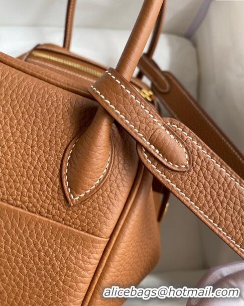 Grade Quality Hermes Lindy 26/30 Bag in Original Taurillon Clemence Leather H1501 Brown/Gold 2024 (Full Handmade)