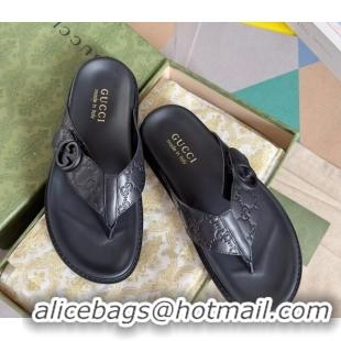 Good Looking Gucci Men's GG Leather Flat Thong Slide Sandals Black 427099