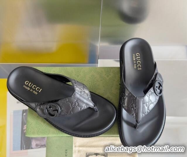 Good Looking Gucci Men's GG Leather Flat Thong Slide Sandals Black 427099