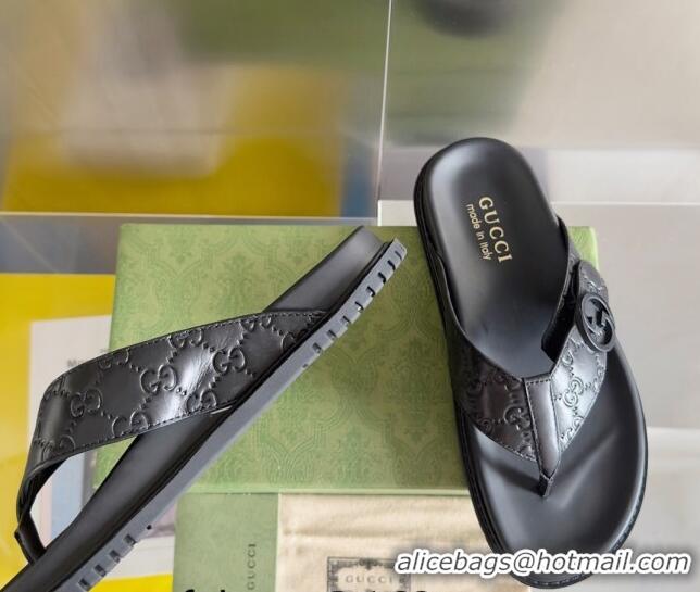 Good Looking Gucci Men's GG Leather Flat Thong Slide Sandals Black 427099