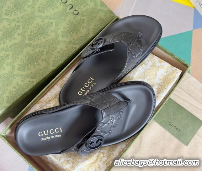 Good Looking Gucci Men's GG Leather Flat Thong Slide Sandals Black 427099