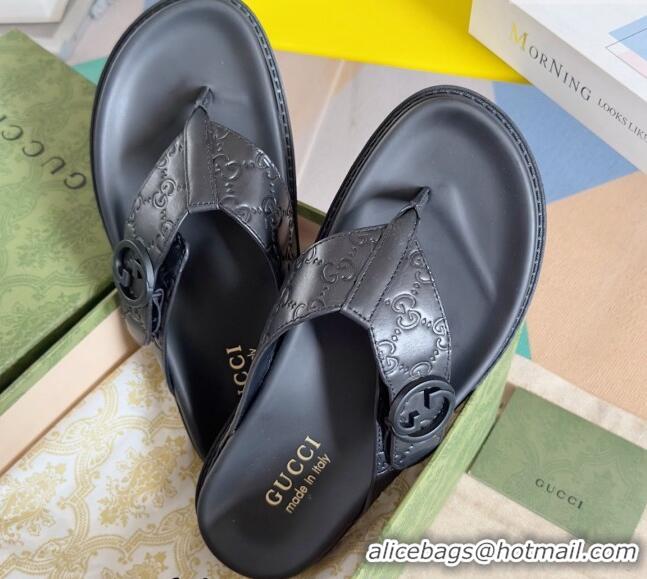 Good Looking Gucci Men's GG Leather Flat Thong Slide Sandals Black 427099