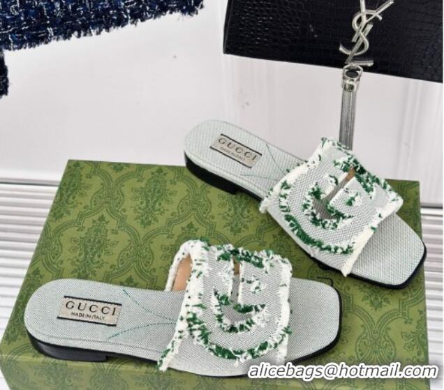 Perfect Gucci Interlocking G Flat Slide Sandals in Frayed Canvas Green 429002