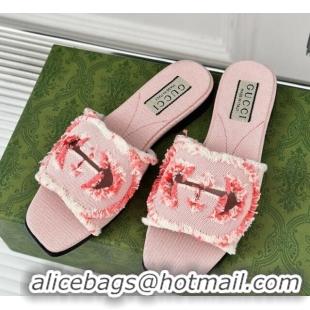 Stylish Gucci Interlocking G Flat Slide Sandals in Frayed Canvas Pink 429003