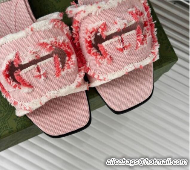 Stylish Gucci Interlocking G Flat Slide Sandals in Frayed Canvas Pink 429003