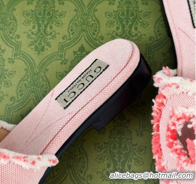 Stylish Gucci Interlocking G Flat Slide Sandals in Frayed Canvas Pink 429003