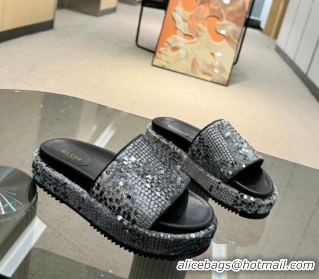 Sophisticated Gucci Platform Slide Sandals 5.5cm with Sequins Grey 429004