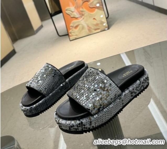 Sophisticated Gucci Platform Slide Sandals 5.5cm with Sequins Grey 429004