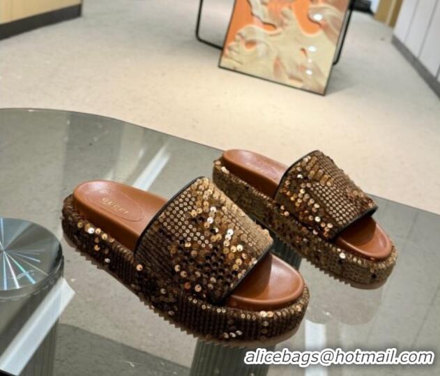 Hot Style Gucci Platform Slide Sandals 5.5cm with Sequins Brown 429005