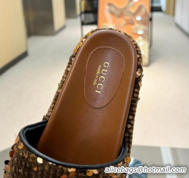 Hot Style Gucci Platform Slide Sandals 5.5cm with Sequins Brown 429005