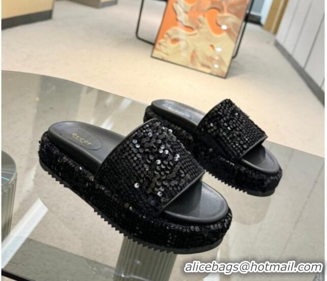 Purchase Gucci Platform Slide Sandals 5.5cm with Sequins Black 429007