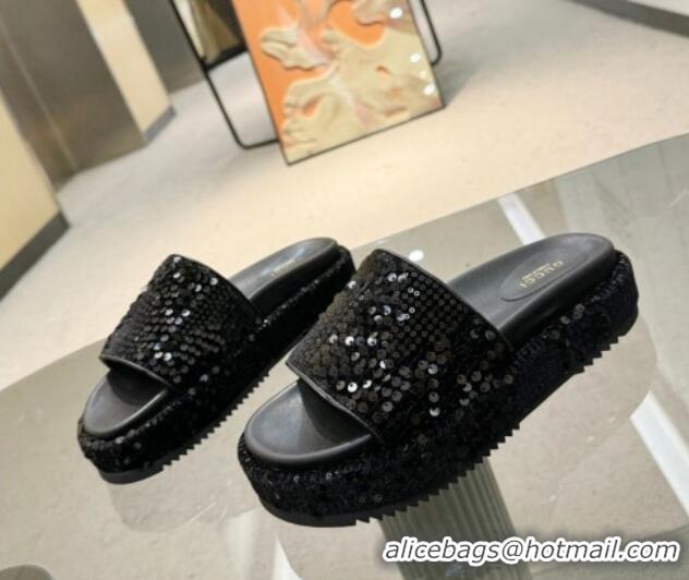 Purchase Gucci Platform Slide Sandals 5.5cm with Sequins Black 429007