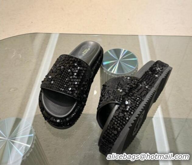 Purchase Gucci Platform Slide Sandals 5.5cm with Sequins Black 429007