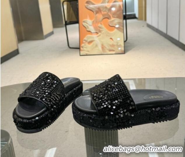 Purchase Gucci Platform Slide Sandals 5.5cm with Sequins Black 429007