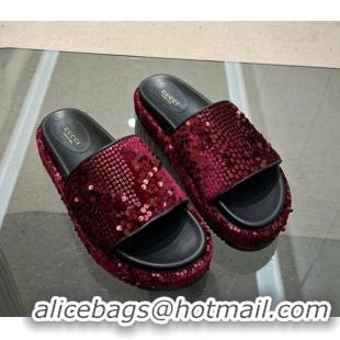 Unique Style Gucci Platform Slide Sandals 5.5cm with Sequins Burgundy 429008