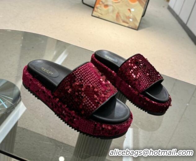 Unique Style Gucci Platform Slide Sandals 5.5cm with Sequins Burgundy 429008