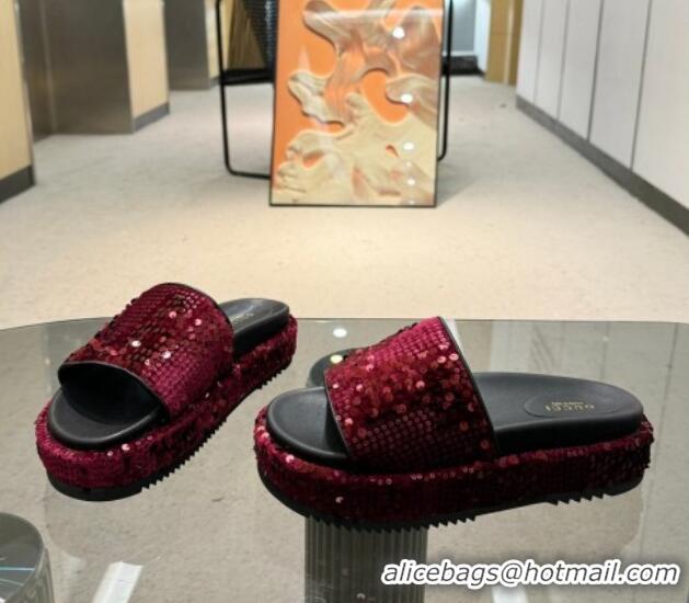 Unique Style Gucci Platform Slide Sandals 5.5cm with Sequins Burgundy 429008