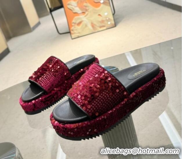 Unique Style Gucci Platform Slide Sandals 5.5cm with Sequins Burgundy 429008