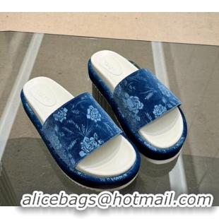 Buy Luxury Gucci Platform Slide Sandals 5.5cm in Printed Velvet Blue 429010