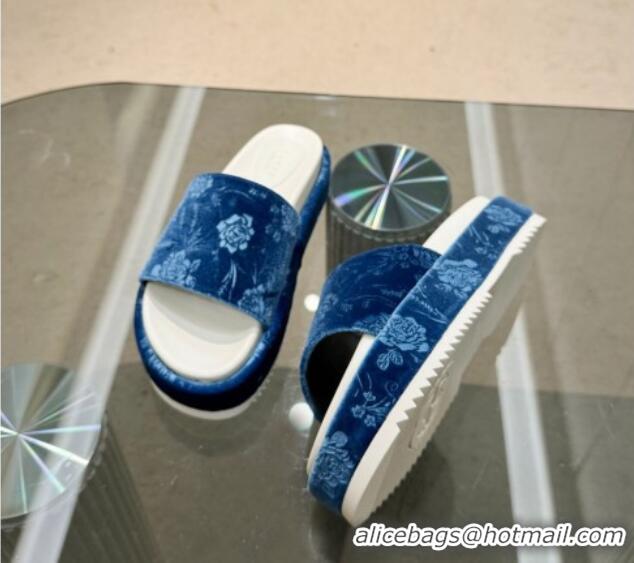 Buy Luxury Gucci Platform Slide Sandals 5.5cm in Printed Velvet Blue 429010