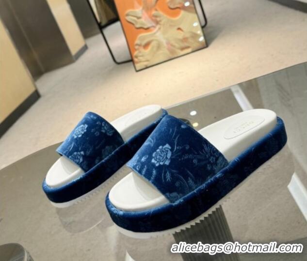 Buy Luxury Gucci Platform Slide Sandals 5.5cm in Printed Velvet Blue 429010