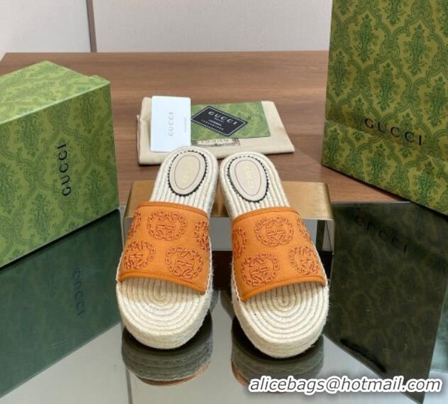 Top Design Gucci Interlocking G Canvas Platform Espadrille Slide Sandals Orange 429014