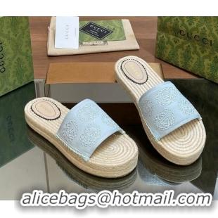 Top Grade Gucci Interlocking G Canvas Platform Espadrille Slide Sandals Light Blue 429015