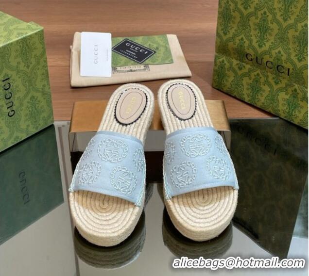 Top Grade Gucci Interlocking G Canvas Platform Espadrille Slide Sandals Light Blue 429015